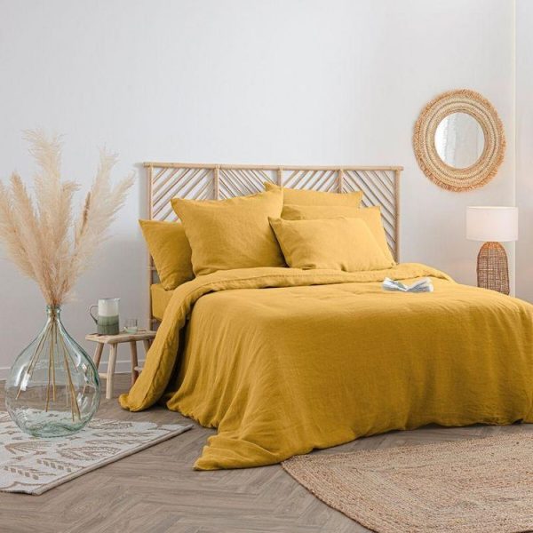 Bon marché 🤩 Housse De Couette Lin Adorable 240x220cm Jaune Ocre 🔔 1