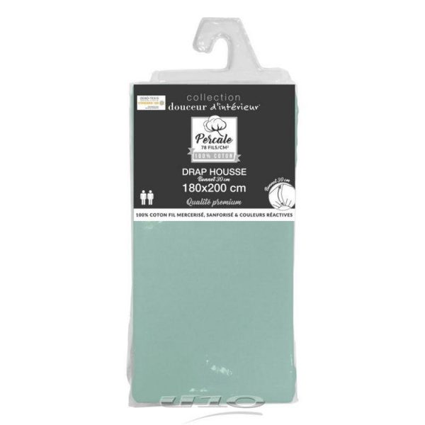 Vente flash ❤️ Paris Prix Drap Housse Percaline 180x200cm Sauge 🛒 3