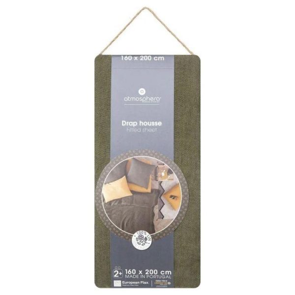 Remise 😀 Drap Housse En Lin Adorable 160x200cm Vert Kaki ⭐ 4